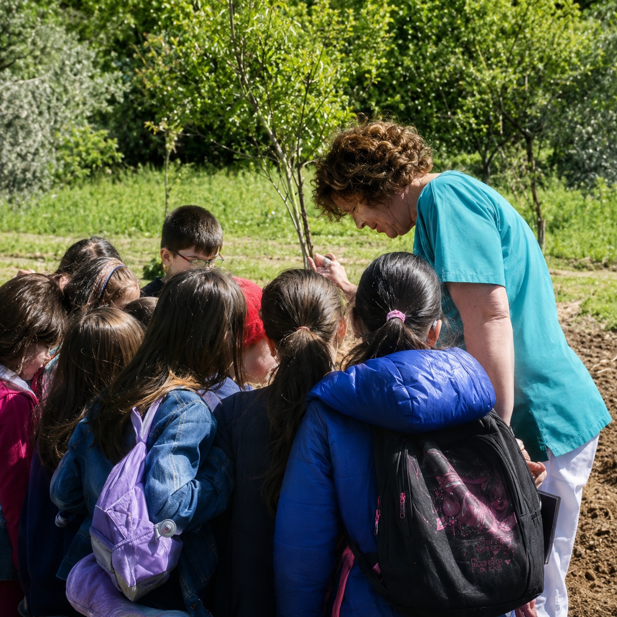 Bambini e operatrice durante attività in giardino